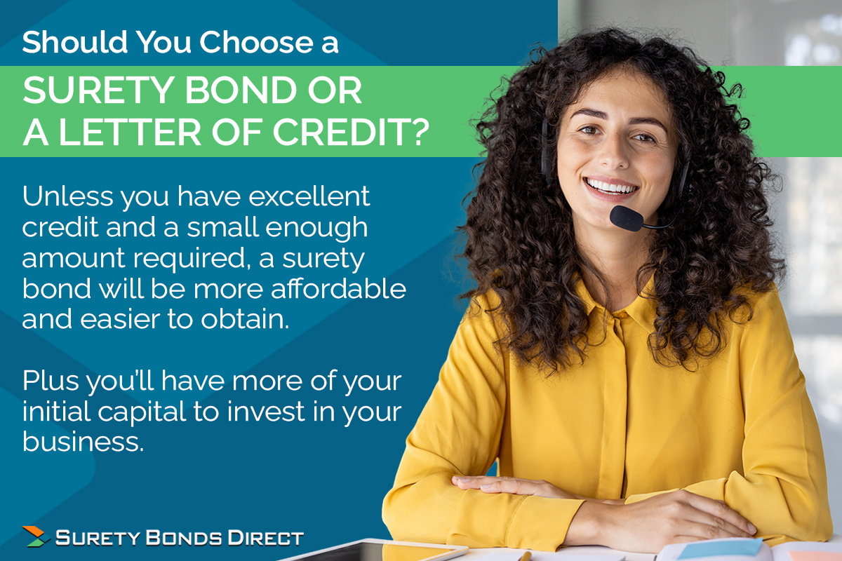 If you have excellent credit the letter of credit might be the better option for you. But in nearly ever circumstance you'll save money and time purchasing a surety bond.
