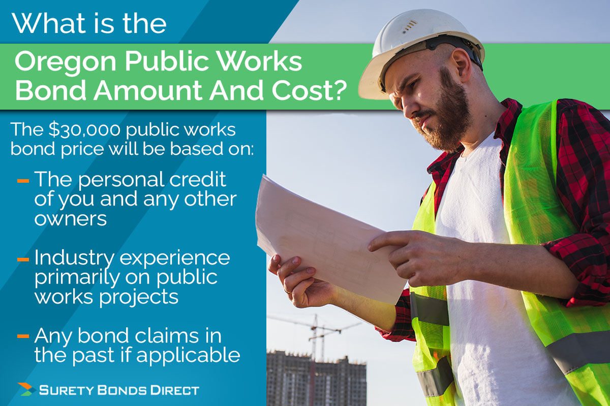 The cost of a Oregon public works bone is going to be custom based on the personal credit of the owners, the industry experience, and the bond history if there is one.
