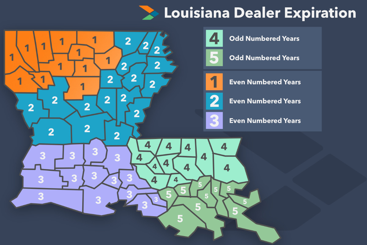 A map of the different parishes and when their license and auto dealer bond exprires.