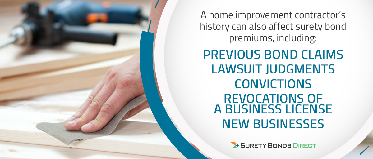 A contractor's history can affect the cost of surety bond premiums, including: previous bond claims, lawsuite judgments, convictions, revocation of business licenses, or age of the business.