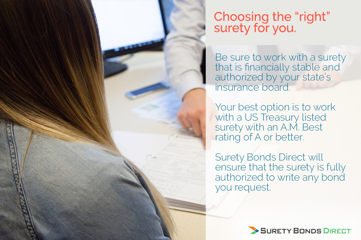 Choosing the right surety for you. Be sure to work with a surety that is financially stable and authorized by your state